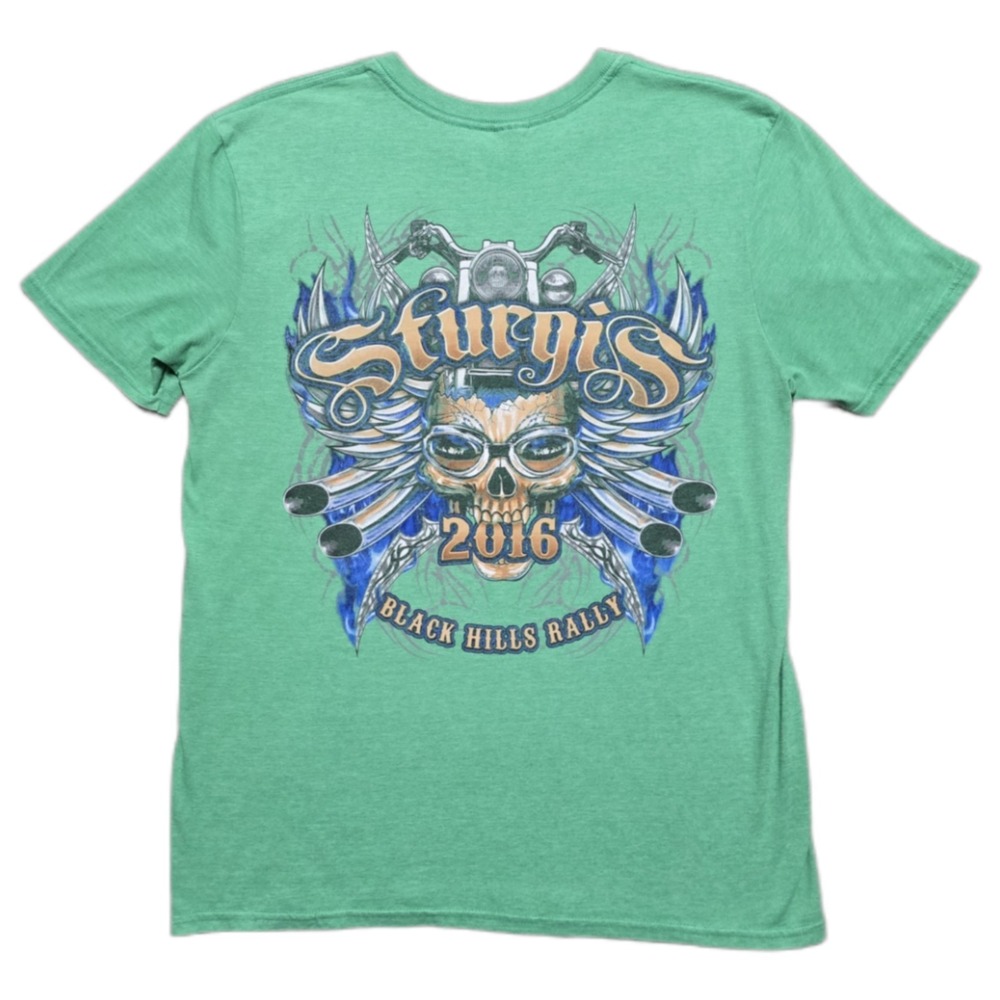2016 Sturgis Motorcycle Rally T-Shirt Mens M Black Hills Skull Green Biker Tee